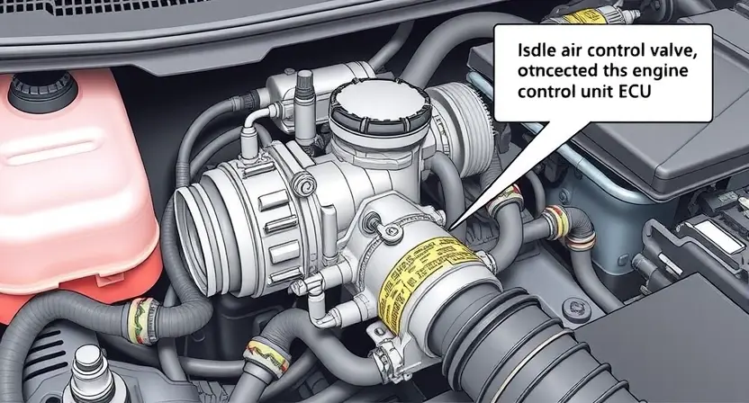 A detailed illustration of a car's throttle body and associated components, highlighting the idle air control valve and its connection to the engine control unit (ECU). Focus on the physical parts and their arrangement within the engine bay. The image should depict a clean, well-lit engine compartment with clear visibility of the throttle body and related sensors. The overall composition should be technical and informative, suitable for a repair manual.