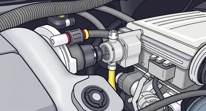 A close-up, detailed illustration of a car engine bay, focusing on the throttle position sensor and its wiring. The sensor should be clearly visible, along with surrounding engine components like hoses and belts. The overall lighting should be bright and clean, emphasizing the mechanical details.