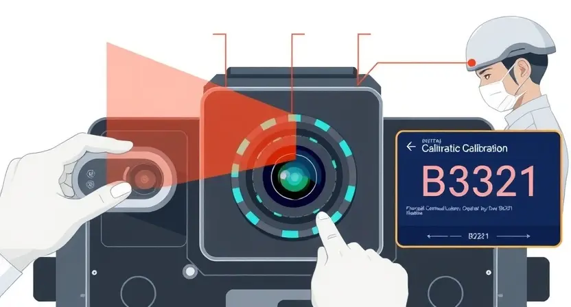 A high-quality technical illustration showing a frontal camera module with visible calibration markers, a technician using a calibration tool, and a digital interface displaying error code B2321, all rendered in a clean, professional style