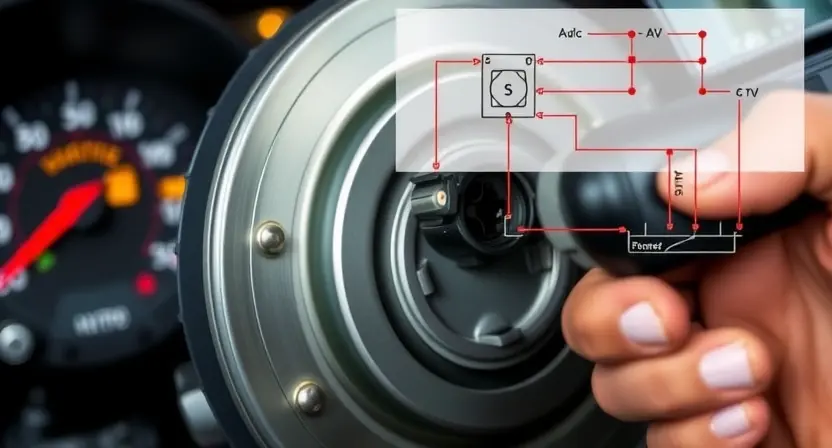 A close-up of a car's brake pressure sensor assembly, with a subtle flickering warning light on the dashboard, a mechanic's hand holding a diagnostic tool, and a schematic overlay of the sensor circuit, all in a realistic automotive workshop setting.