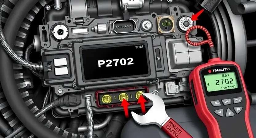 A detailed illustration of an automotive transmission control module (TCM) with various sensors and wiring. Focus on the diagnostic interface displaying error code P2702. Include a wrench and diagnostic tool nearby, suggesting troubleshooting.