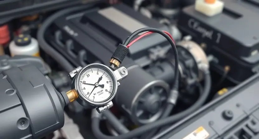 A detailed illustration of a car's power steering system, specifically focusing on the pressure sensor and its wiring. The sensor should be clearly visible, connected to a pressure gauge and the hydraulic power steering pump. The background should be a slightly blurred view of the car's engine bay.