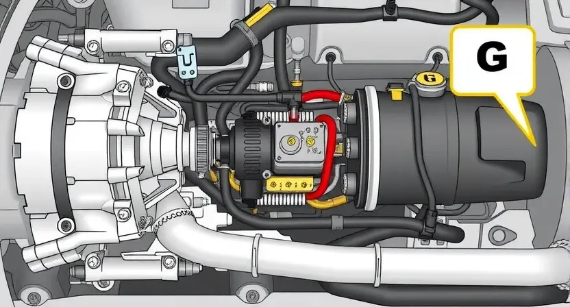 A detailed illustration of a car's transmission system, focusing on the pressure control solenoid 'G'. The image should clearly show the solenoid, its connections to the transmission components, and the overall layout of the transmission. Include visual cues representing the pressure regulation process.
