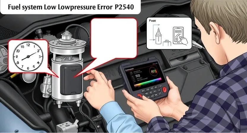 A detailed illustration of a fuel system low-pressure error (P2540) being diagnosed using diagnostic equipment. The image should show a mechanic examining a fuel pump, fuel pressure gauge, and related components. Include wiring diagrams and diagnostic tools. Focus on technical accuracy and clarity.
