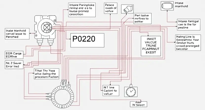 A detailed schematic diagram of an automotive engine control system, highlighting the P0220 error code and related components like the EGR valve, intake manifold, and vacuum lines. The diagram should be clean, well-labeled, and visually represent the system's functionality.