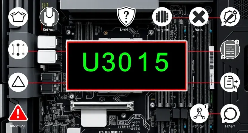 A high-quality technical illustration showing a computer motherboard with a highlighted error code U3015 displayed on a diagnostic screen, surrounded by icons of tools and error symbols, clean and professional visual style