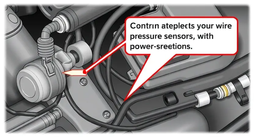 A detailed illustration of a power steering (power steering) system with a pressure sensor. The sensor is shown connected to a wiring harness and a control unit. Highlight potential areas of concern, such as frayed wires or loose connections. Focus on the electrical circuit and its components.