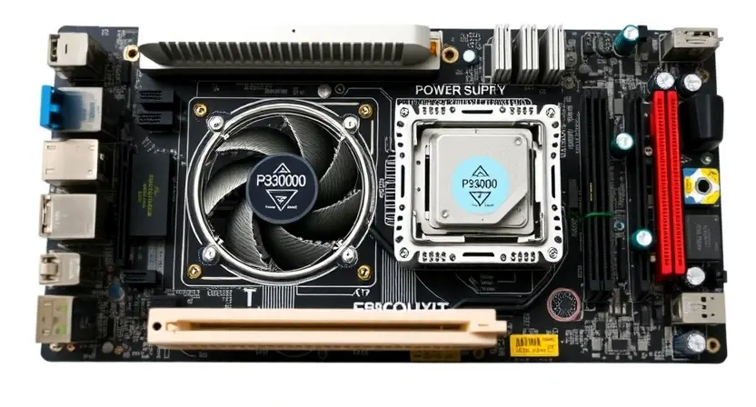 A detailed schematic diagram of a computer motherboard, highlighting the P3000 error indicator light. Focus on the components related to power supply and chipset. The image should convey a sense of technical precision and troubleshooting.