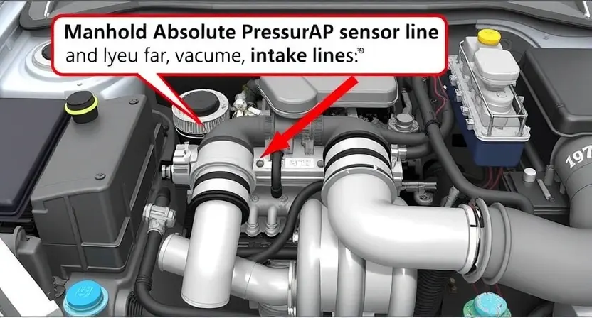 A detailed illustration of an engine bay with a focus on the Manifold Absolute Pressure (MAP) sensor and related vacuum lines. The image should clearly show the sensor's location, the vacuum hoses connected to it, and the overall layout of the intake system. The engine should be clean and well-lit, emphasizing the components mentioned in the query. The background should be slightly blurred to keep the focus on the engine components.