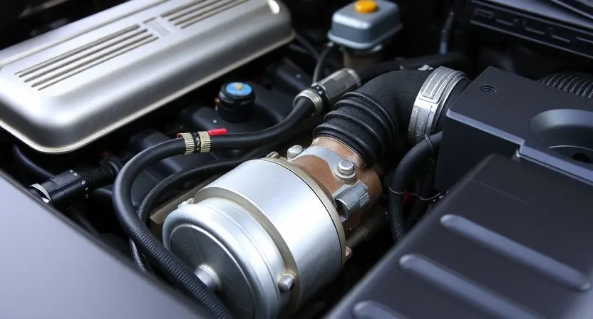 A close-up shot of a car's engine bay, specifically focusing on the throttle body and related components. The engine should be clean and well-lit, showcasing the mechanical details. Include hoses, wires, and sensors connected to the throttle body. The background should be slightly blurred to emphasize the engine components.