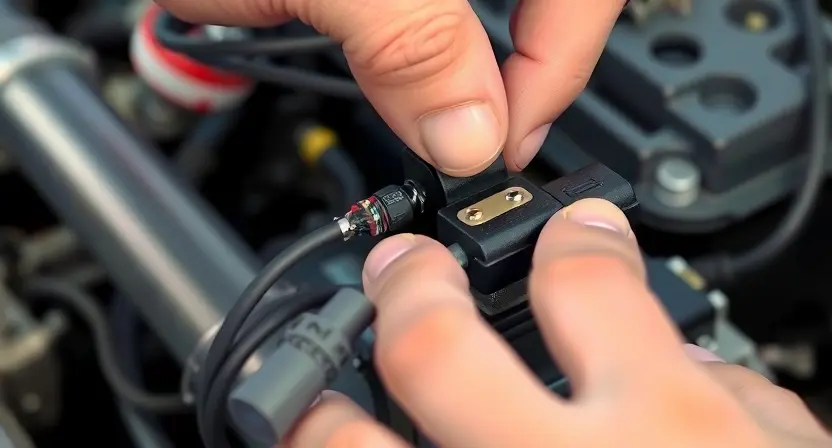 A close-up, detailed illustration of a car engine bay. Focus on the mass airflow sensor (MAF sensor) and its wiring harness. Show a mechanic's hand carefully inspecting the connections, highlighting potential corrosion or damage. The background should be slightly blurred, suggesting a professional automotive repair setting. Emphasize the electrical connections and wiring.
