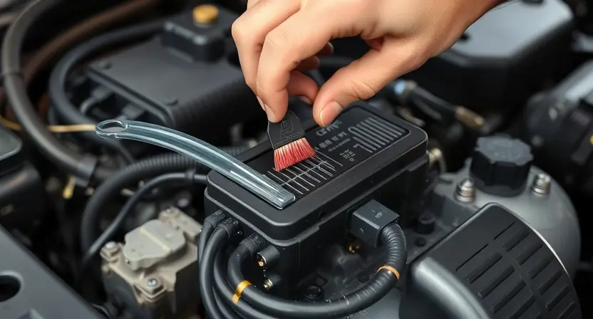 A close-up, detailed image of a car engine bay. Focus on the engine control unit (ECU) and its wiring harness. Show a mechanic's hands carefully cleaning electrical contacts with a specialized cleaning solution and a brush. Include tools like a small brush and cleaning spray bottle. The background should be slightly blurred, showing other engine components.