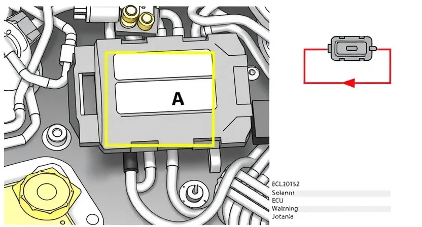 A detailed illustration of an automotive engine control unit (ECU) with a highlighted solenoid A and wiring diagram showing the signal flow. The image should depict the components clearly and accurately, with a focus on the solenoid and its connection to the ECU.