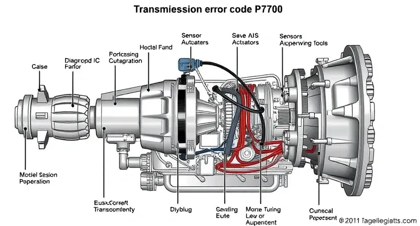 A detailed illustration depicting a transmission system with a focus on error code P2700. Include visual representations of sensors, actuators, and diagnostic tools. The image should clearly show the potential causes of the error and how it can be diagnosed.