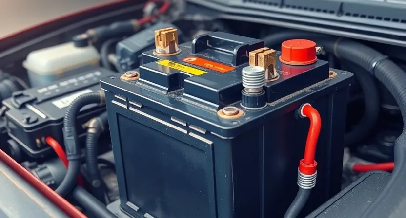 A detailed illustration of a car battery and its connections, highlighting potential issues like corrosion or loose terminals. Focus on the battery itself, cables, and the battery terminals. The background should be a slightly blurred automotive workshop environment.