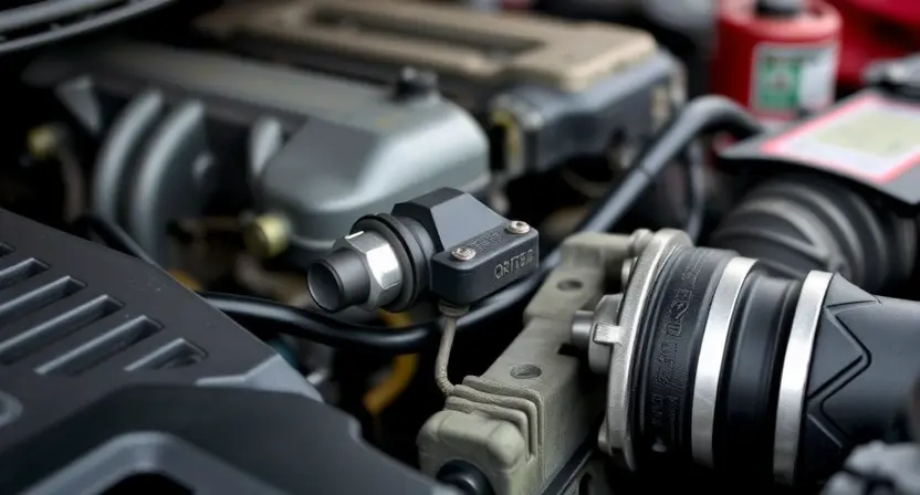 A close-up, detailed image of a car's engine bay, focusing on the oxygen sensor and related wiring. The engine should be clean and well-maintained. The background should be slightly blurred to emphasize the sensor.
