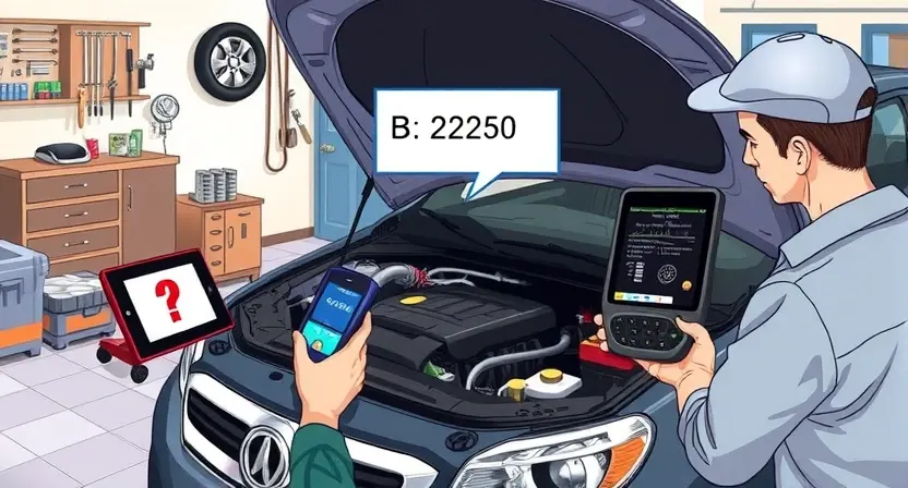A detailed illustration of a car engine diagnostic process, showing a mechanic using a diagnostic tool to identify the B2250 error code. The scene should include a car with its hood open, various engine components visible, and the mechanic focused on the diagnostic screen. The background should depict a well-organized auto repair shop with tools and equipment neatly arranged.