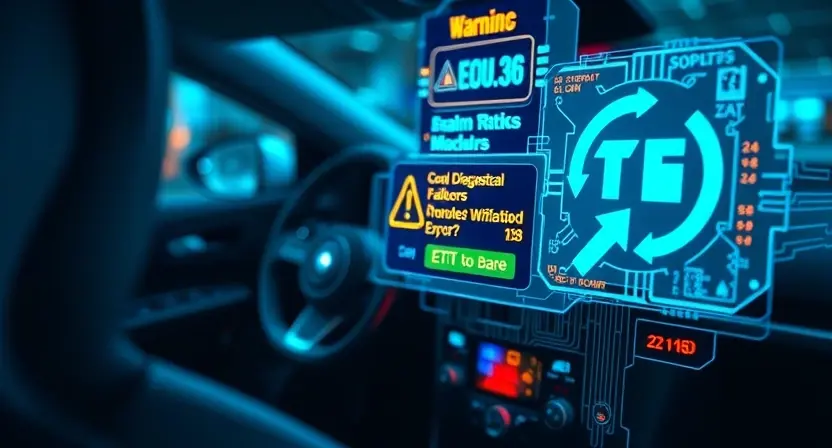 A high-tech cinematic close-up of a modern car's electronic control unit (ECU) and SRS airbag module, showing glowing circuit board traces with a digital glitch effect to symbolize a communication error. The image should feature holographic diagnostic data overlays, glowing red warning indicators, and a blurred automotive interior in the background, emphasizing a technical failure in the vehicle's safety system.