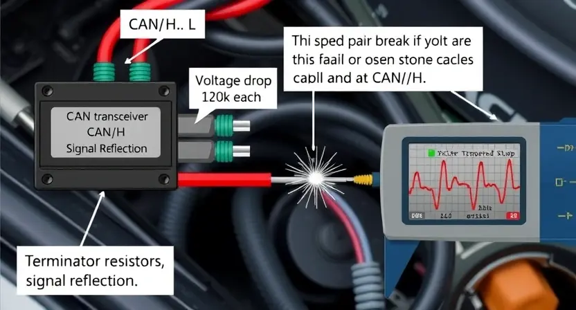 A detailed technical illustration showing a break in the CAN high-speed bus line (CAN_H) with voltage drop and signal reflection, including labeled components: CAN transceiver, termination resistors (120Ω each), twisted pair cable (CAN_H and CAN_L), and an oscilloscope probe measuring the fault point. The break is depicted as a physical gap in the wire with arcing or open circuit symbol. Background includes subtle automotive wiring harness context. No text, labels, digits, or letters appear in t