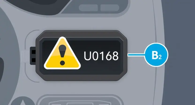 A high-quality technical illustration showing a car's anti-theft control module (U0168 error) with a broken communication link, featuring a warning sign or error code, clean technical diagram style, no text or numbers on image, professional automotive repair context