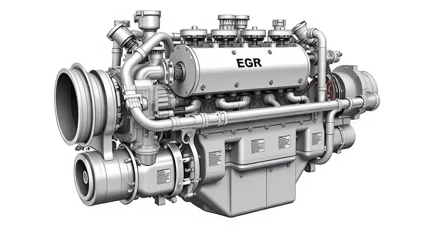 A detailed technical illustration of a diesel engine exhaust gas recirculation (EGR) system showing the EGR valve, cooler, and associated piping with clear labels, set against a clean white background, emphasizing component accuracy and engineering precision