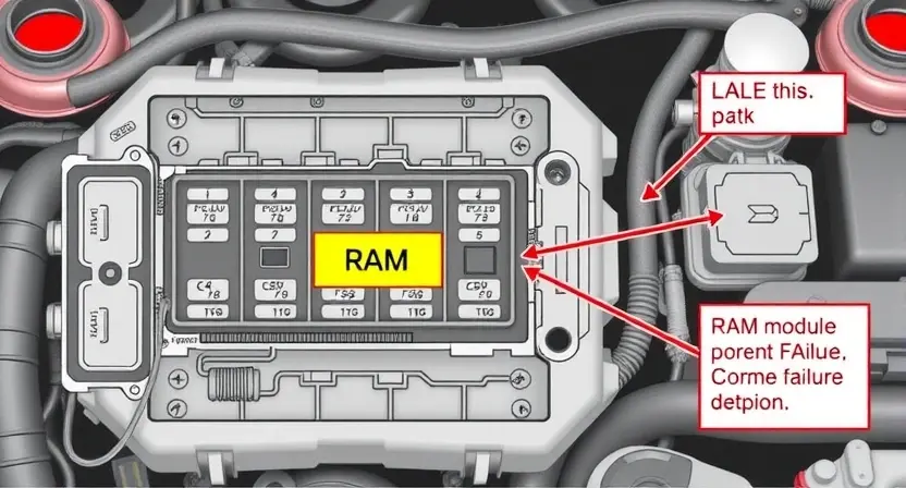 A detailed schematic diagram of a car's engine control unit (ECU) with highlighted RAM modules. Include visual representations of potential RAM failure points and connections.