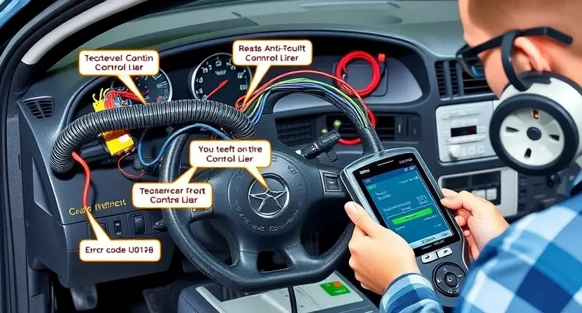 A detailed technical illustration of a car's anti-theft control module (immobilizer system) showing wiring harnesses, connectors, and diagnostic equipment, with a technician using a scan tool to read error code U0168, clean and professional automotive repair environment