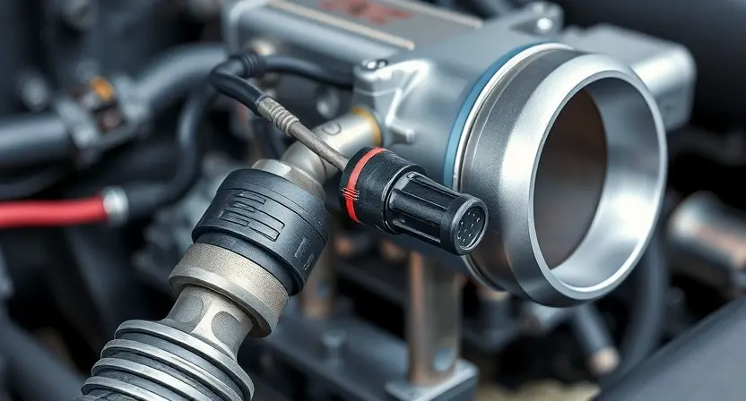 A close-up, detailed illustration of a car's throttle body and its associated wiring harness. The focus should be on the sensor connection and the wiring leading to the engine control unit (ECU). The image should clearly show the components involved in the throttle position sensor circuit. The background should be blurred to emphasize the main subject.