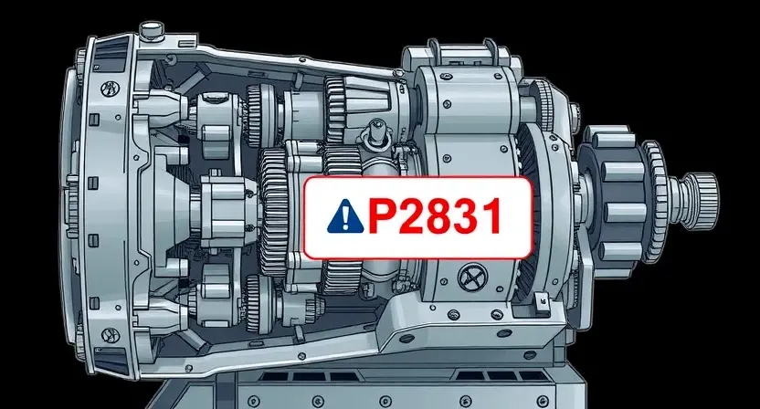 A detailed illustration of a robotic transmission box with a highlighted mechanical component showing the P2831 error. The illustration should focus on the internal workings of the transmission, emphasizing gears, shafts, and linkages. The error should be visually represented as a specific malfunction within the mechanical part.