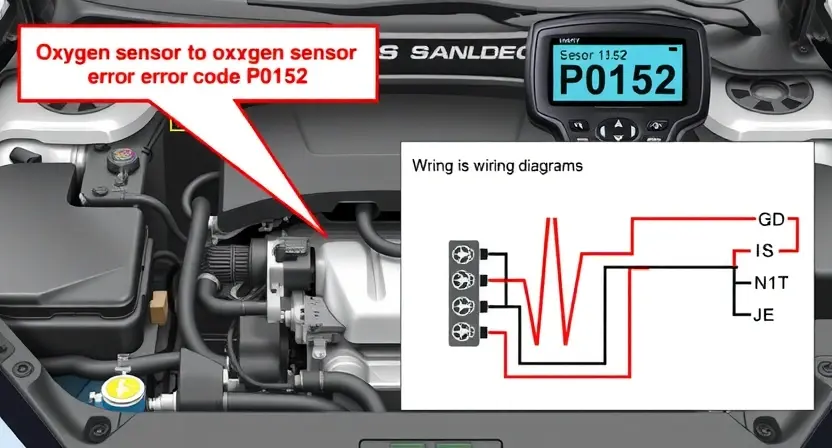 A high-quality technical illustration showing a car engine bay with the oxygen sensor highlighted, a diagnostic scanner displaying error code P0152, and a clear wiring diagram of the sensor's electrical circuit, all rendered in a clean, professional style suitable for automotive repair documentation