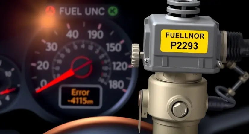 A high-quality technical illustration of a fuel pressure regulator malfunction, showing a glowing warning light on a vehicle dashboard, a detailed engine control unit with highlighted error code P2293, and a close-up of a fuel system component with visible damage or wear, all rendered in a clear, professional style suitable for automotive repair documentation