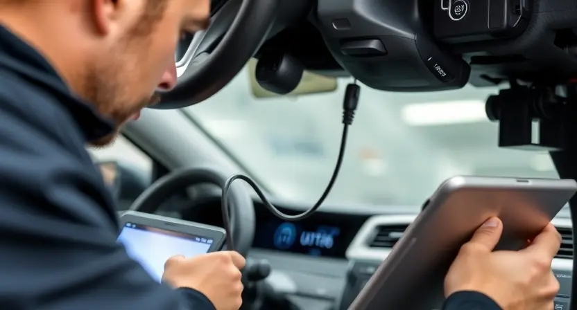 A professional automotive technician working on a vehicle's steering angle sensor (SAS) system, with diagnostic tools connected to the OBD-II port, a close-up view of the steering column showing the sensor and wiring harness, subtle digital error code 'U0126' displayed on a tablet screen nearby, clean workshop environment with soft lighting, focus on technical precision and repair process