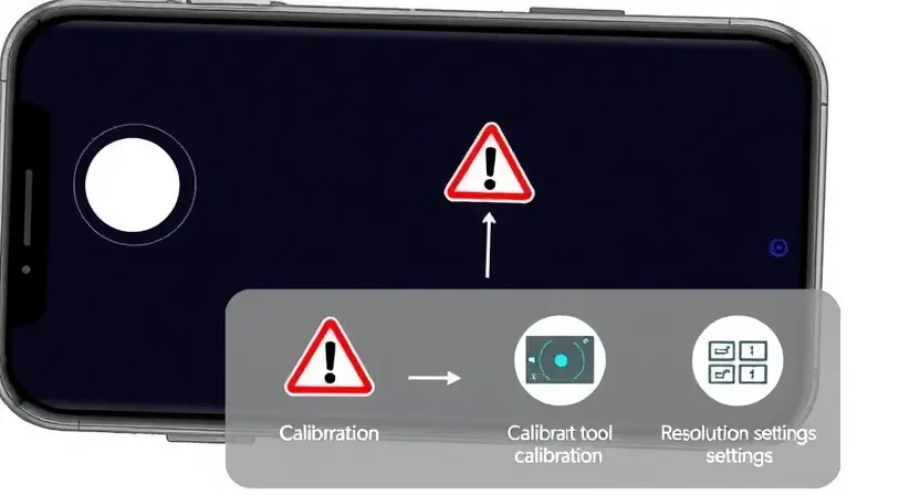 A high-quality technical illustration showing a smartphone with a front camera lens, a warning sign indicating a calibration error, and a step-by-step guide overlay with icons for calibration tools and resolution settings, all rendered in a clean, professional style