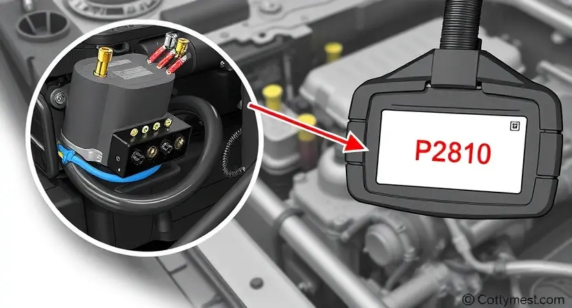 A detailed illustration of an automotive solenoid coil and its associated wiring, highlighting the P2810 error code indicator. The image should show a close-up of the solenoid, with wires connected to it, and a diagnostic tool displaying the P2810 error message. The background should be a slightly blurred automotive workshop environment.