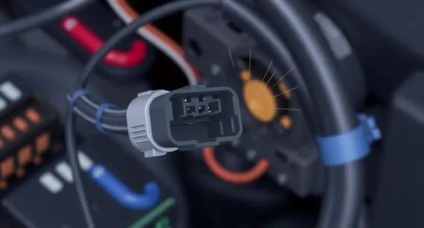 A close-up illustration of a car's wiring harness with a CAN bus connector highlighted. The wiring should appear clean and organized, with a focus on the connection point. Subtle electrical sparks or a visual representation of a short circuit could be included, but not overly dramatic. The background should be blurred to emphasize the wiring.