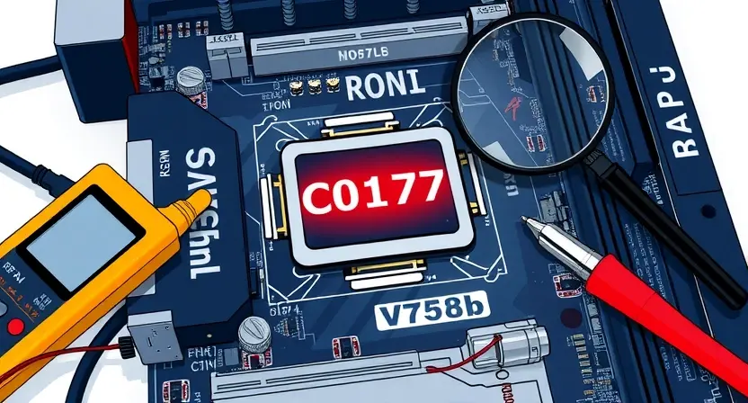 A detailed technical illustration depicting a computer motherboard with a highlighted error code 'C0197'. Focus on the CPU and RAM areas, with subtle visual cues suggesting a hardware malfunction. Include diagnostic tools like a multimeter and a magnifying glass, emphasizing precision and troubleshooting. The background should be a clean, professional workspace.