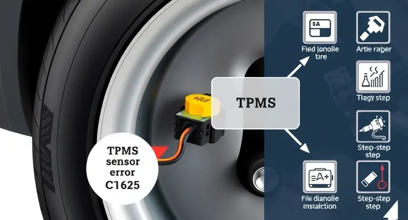 A high-quality technical illustration showing a modern car tire with a TPMS sensor installed, highlighting the sensor module and wiring, with a clear diagram overlay indicating error code C1625, surrounded by icons representing diagnostic tools and step-by-step instruction symbols, all rendered in a clean, professional style with sharp details and accurate colors