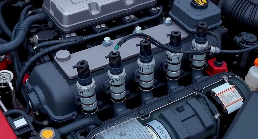 A close-up, detailed illustration of a car's engine bay, focusing on the fuel rail and injectors. Highlight the wiring harness connected to the fuel rail. Use a slightly desaturated color palette to emphasize the technical aspects. The image should convey a sense of precision and mechanical complexity.