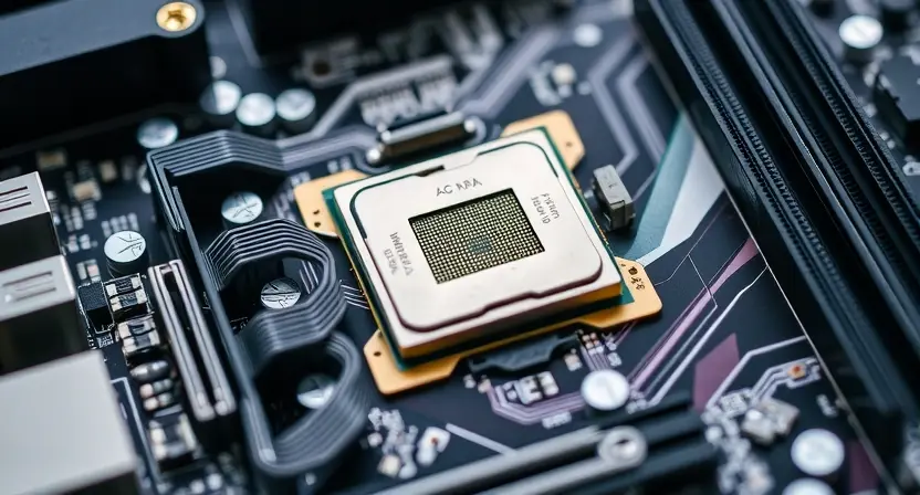 A close-up, detailed illustration of a computer motherboard with a highlighted CPU socket. Focus on the intricate circuitry and components. The background should be blurred, emphasizing the motherboard.