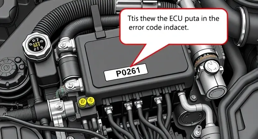 A detailed illustration of an engine control unit (ECU) with various sensors and wiring, highlighting the P0261 error code indicator. The background should be a clean, technical environment.