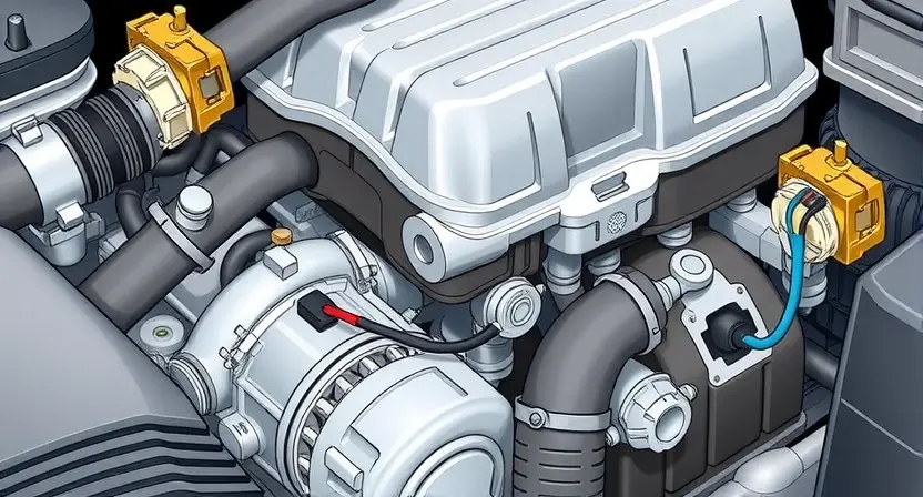 A detailed illustration of a car's engine bay, focusing on the mass airflow sensor (MAF sensor) and its surrounding components. The image should clearly show the sensor's location, wiring connections, and nearby intake manifold. The overall composition should be clean and informative, highlighting the sensor's role in the engine's air intake system. Use realistic lighting and textures to depict the metallic parts and hoses.