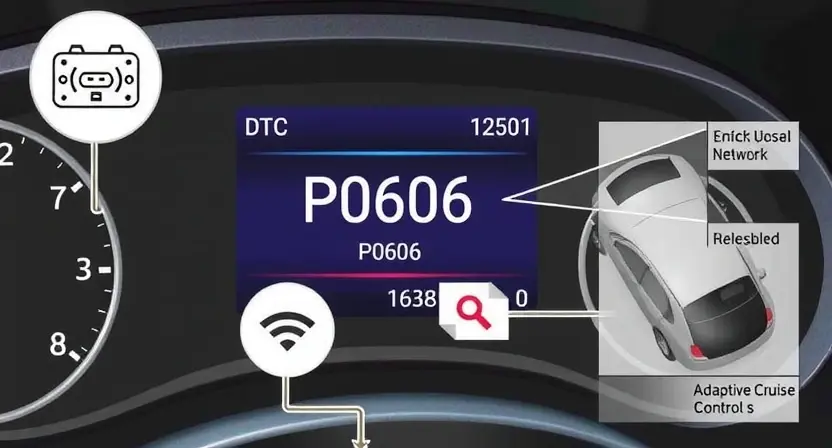 A detailed illustration of a car's diagnostic trouble code (DTC) display showing P0606, with accompanying visual representations of the affected system (e.g., vehicle network, adaptive cruise control, etc.). The image should clearly depict the code and its associated system.