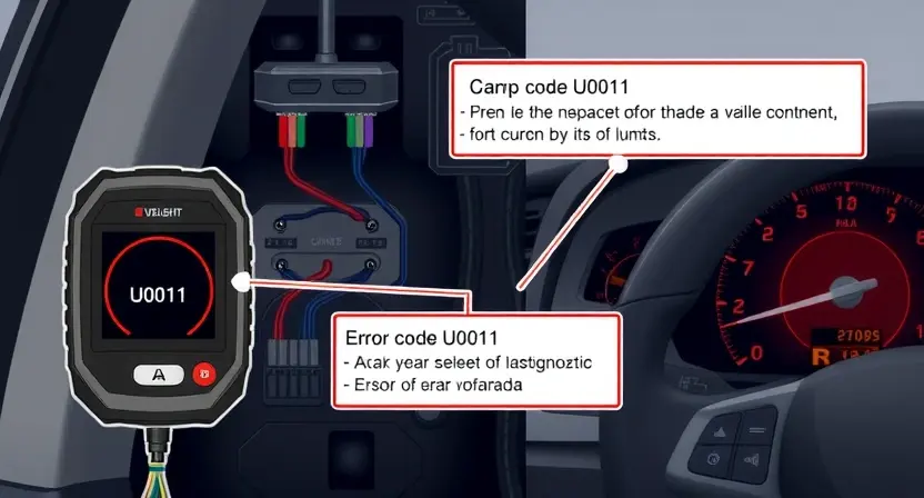 A high-quality technical illustration showing a vehicle's CAN bus network with a highlighted error code U0011, featuring a diagnostic scanner displaying the error, wiring harnesses, and a warning light on a dashboard, all rendered in a clean, professional style with technical accuracy and clarity