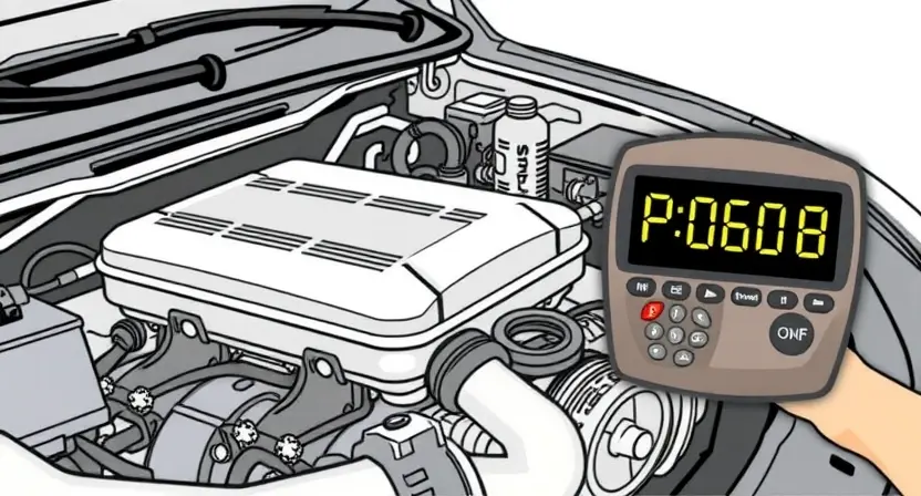 A detailed illustration of a car's engine bay with a diagnostic code reader displaying 'P0608'. The engine should be partially visible, showcasing various components like hoses, wires, and sensors. The background should be a clean, uncluttered white.
