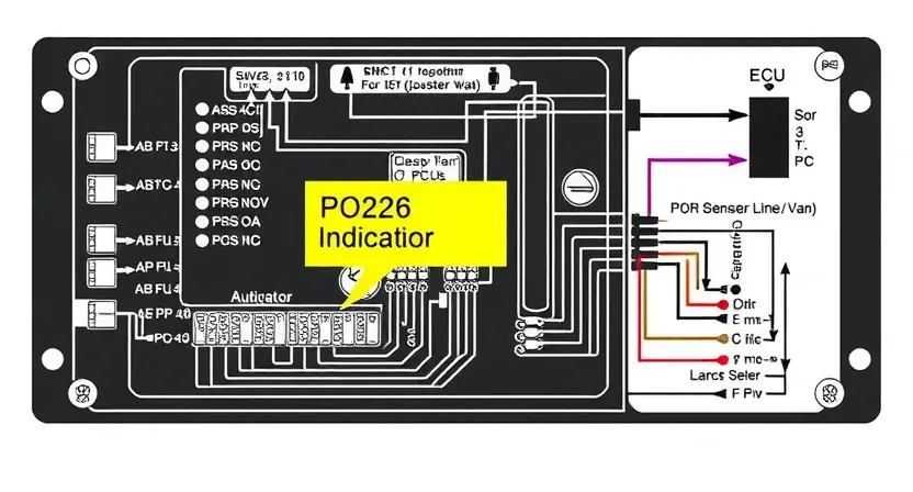 A detailed schematic diagram of an engine control unit (ECU) with a highlighted P0226 code indicator. The diagram should show the relevant sensors and actuators connected to the ECU, with arrows indicating the data flow. The background should be a clean, professional-looking white.