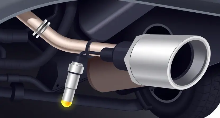A detailed illustration of an automotive exhaust system with a focus on the temperature sensor. The sensor should be clearly visible, connected to a wiring harness, and integrated into the exhaust pipe. Include visual cues indicating a potential malfunction, such as a slightly discolored sensor or a visual representation of a temperature reading outside the normal range.