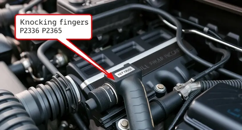 A detailed view of a car engine with a focus on the knocking fingers, highlighting the area where the P2336 error code is related. Show the engine components, including the sensors, with a clear indication of the problematic area. The image should convey a sense of urgency and the need for repair.