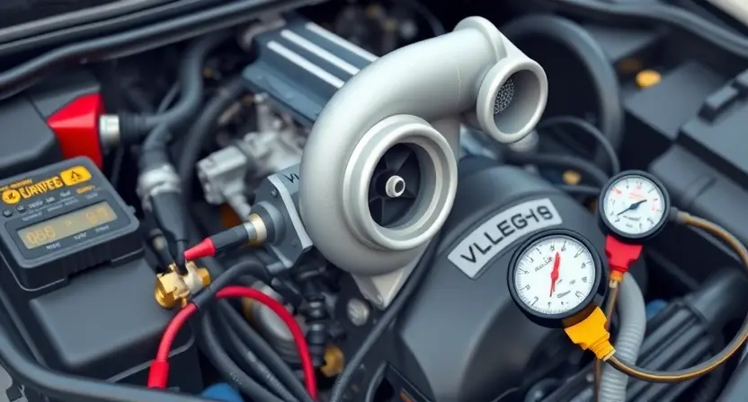 A detailed illustration of a car engine bay, focusing on the turbocharger and pressure sensor. The sensor should be clearly visible, connected to various hoses and wires. Include diagnostic tools like a multimeter and a pressure gauge. The background should be slightly blurred to emphasize the engine components.