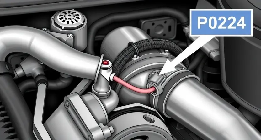 A detailed illustration of an automotive engine bay, focusing on the area around the catalytic converter and the sensor wiring. The image should show a close-up of the wiring harness connected to the sensor, highlighting potential points of contact and corrosion. Include a visual representation of the P0224 error code displayed on a dashboard or diagnostic screen. The overall aesthetic should be realistic and informative, suitable for a technical guide.