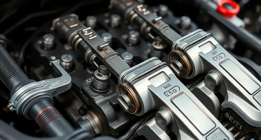 A detailed close-up of a car engine with a highlighted section indicating a mechanical issue, such as a damaged or misaligned component, with a focus on the pistons and valves. The image should convey a sense of urgency and the need for repair, with a realistic and technical depiction of the engine's internal parts.